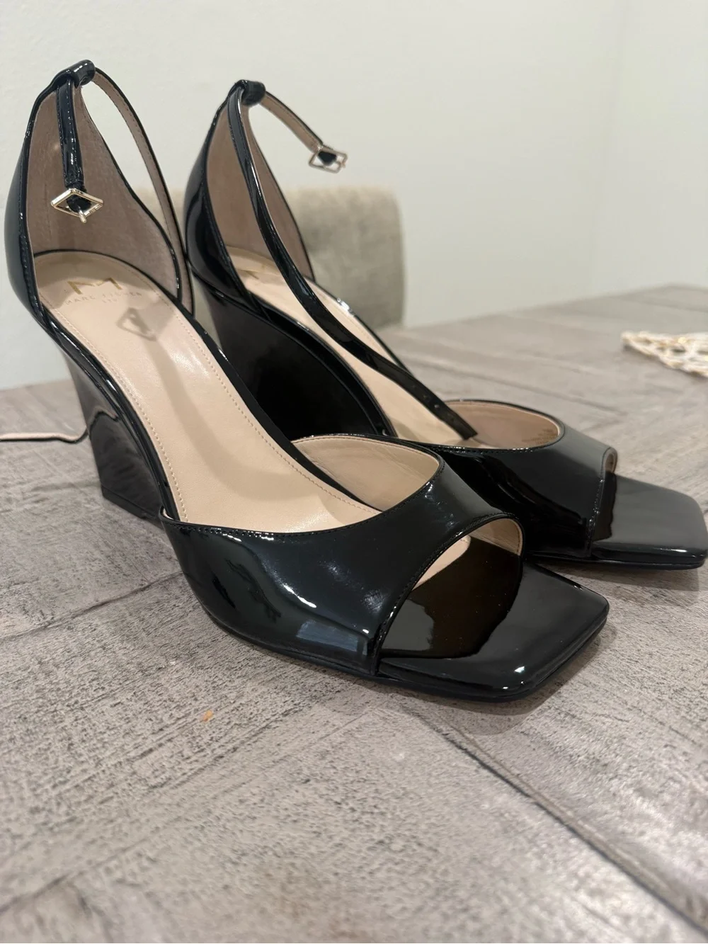 Marc Fisher Black Patent Wedge Ankle-Strap Sandals